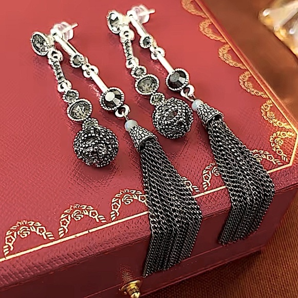 Antique Silver Rhinestone Earring Round Ball Long Fringe Tassel Earrings Boho - Picture 2 of 12